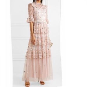 NWT! NEEDLE & THREAD Eden floral embroidered tulle gown dress, blush pink, US10
